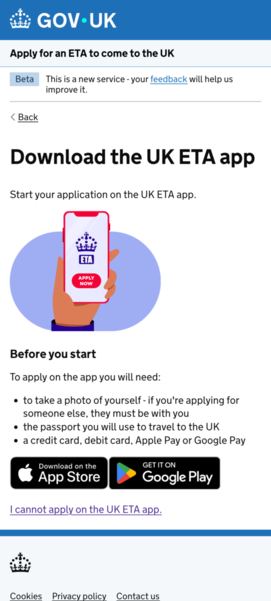 A page showing an advertisement to download the UK ETA app with a tiny 'I cannot apply on the UK ETA app.' at the bottom.