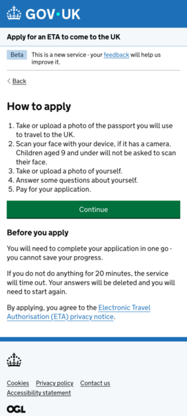 A page showing the start screen of the online application.